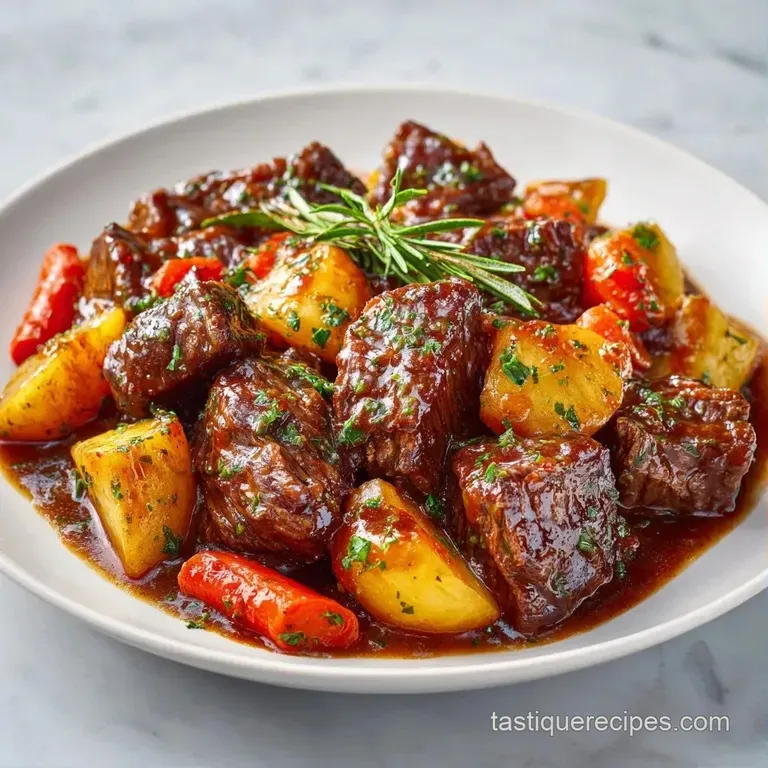 A neat portion of succulent beef on a white ceramic plate, drizzled with glossy sauce and fresh green parsley.