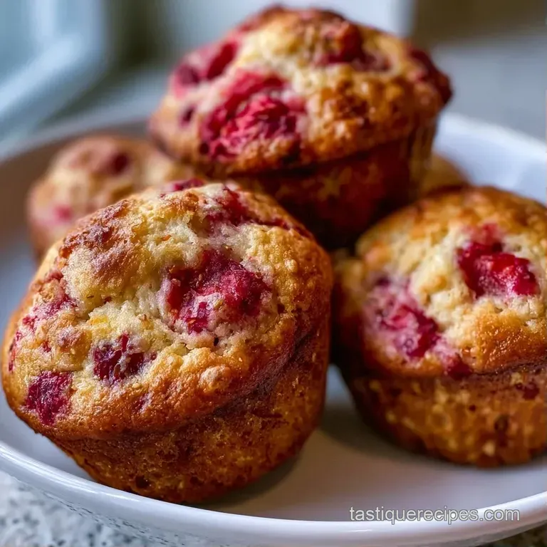 Three fluffy, golden cakes with bright red fruit pieces arranged on a rustic wooden board with fresh strawberries.