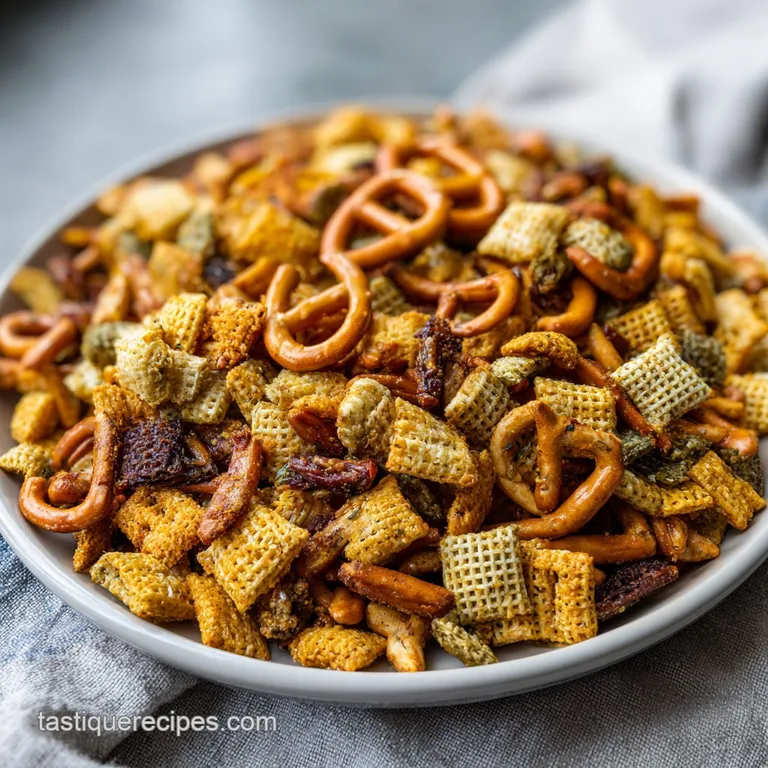 A bowl of crunchy vegan Chex mix with visible seasonings, nestled against a wooden background for a rustic, snack-time vibe.