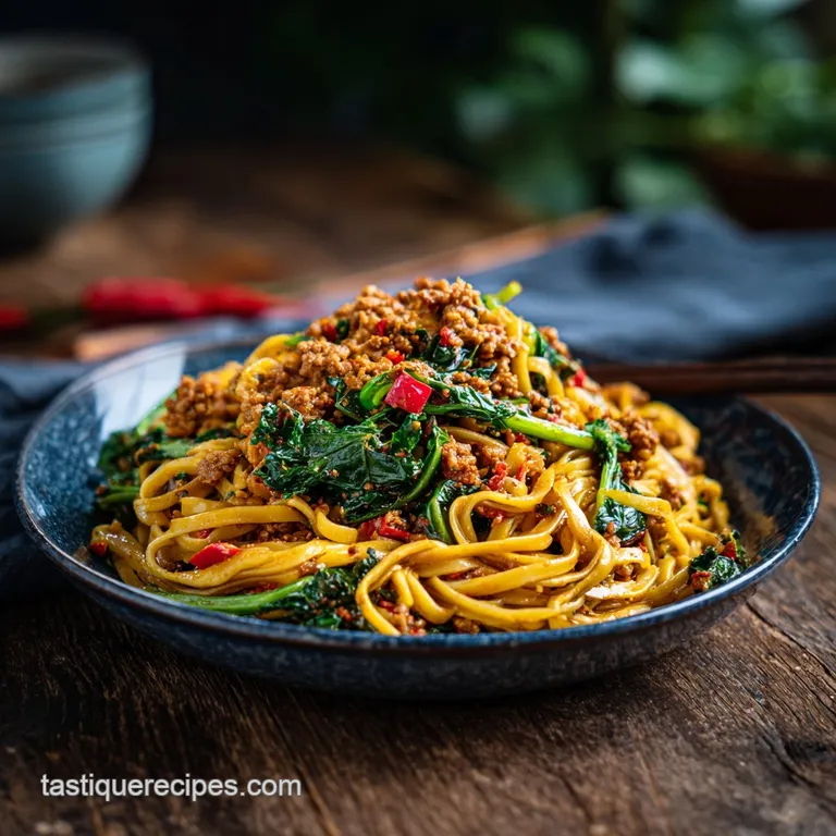 Elegant plating of vegan Dan Dan noodles, garnished with chopped scallions and crushed peanuts, hinting at savory delight.