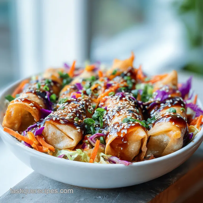 Egg roll bowl artfully arranged in a white bowl; steam rises above the colorful mix of textured vegetables and golden tofu.