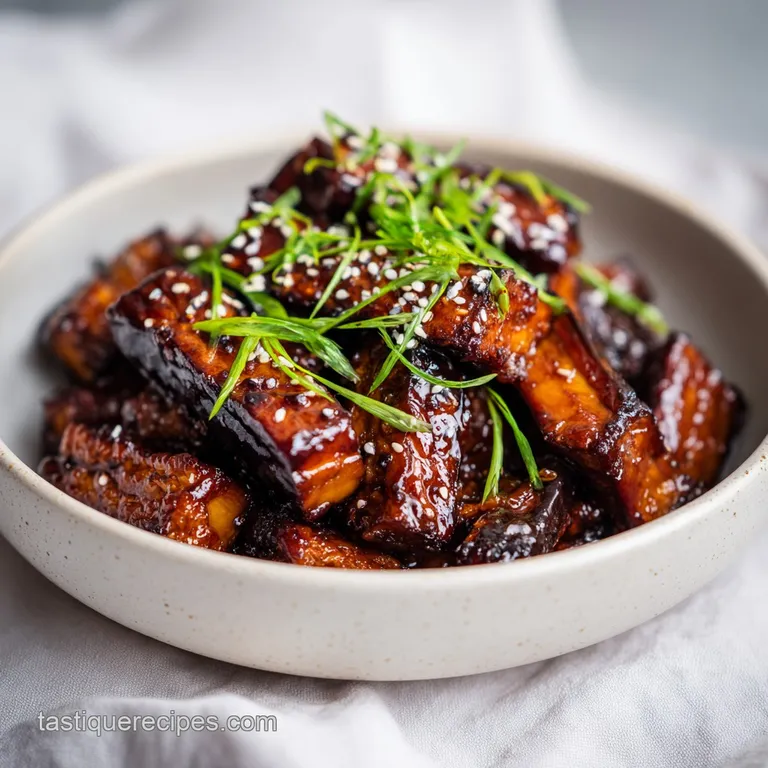 Slices of glistening eggplant unagi artfully arranged on a modern white plate with vibrant green scallions and sesame seeds.