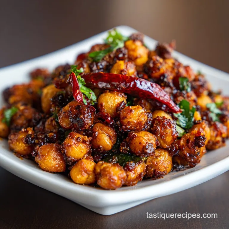 Perfectly plated, sticky General Tso chickpeas cascade over white rice, brightened with vibrant scallions, hinting at savo...
