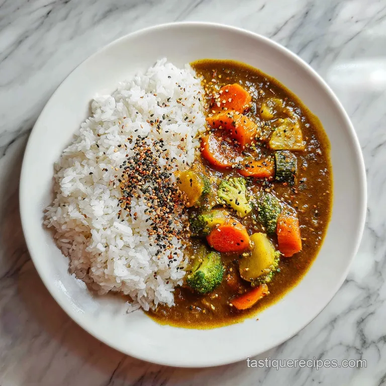 Glossy vegan curry ladled over rice, garnished with vibrant green scallions and pickled ginger, presented on a dark wooden...