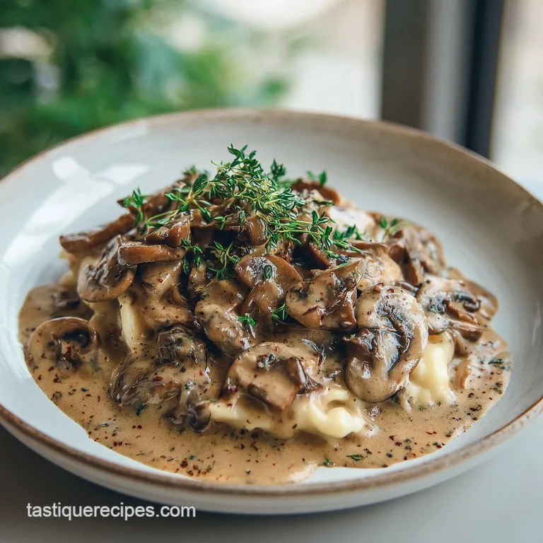 A vibrant plate of mushroom stroganoff, parsley garnish. Rich, earthy tones complement the smooth sauce, creating visual d...