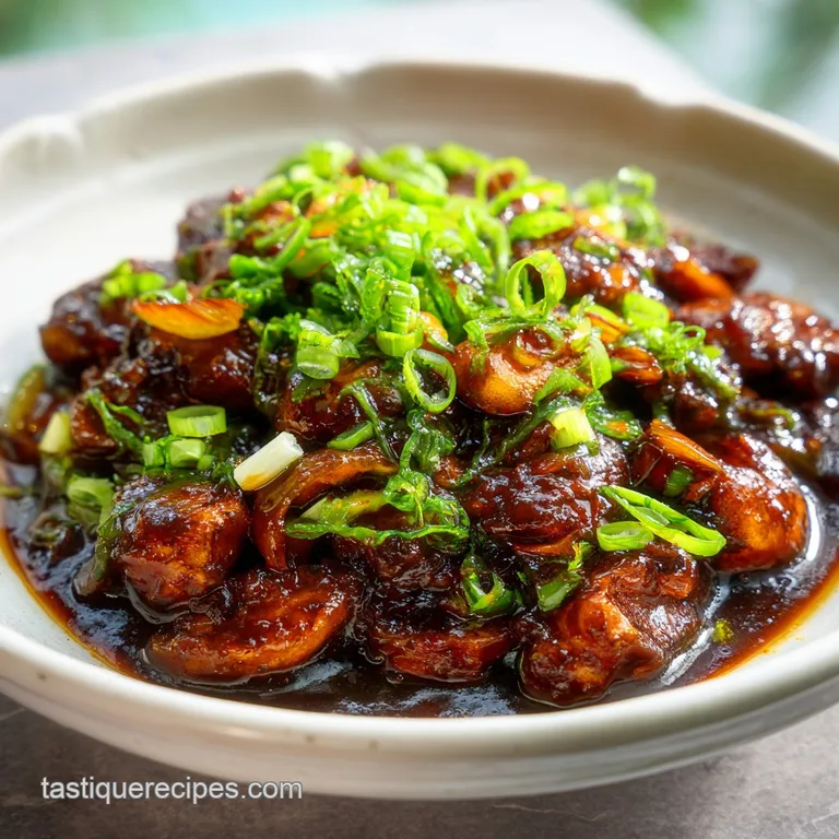 Steaming vegan stir-fry, artfully piled on a white plate. Glistening oyster sauce coats the colorful vegetables for a rest...