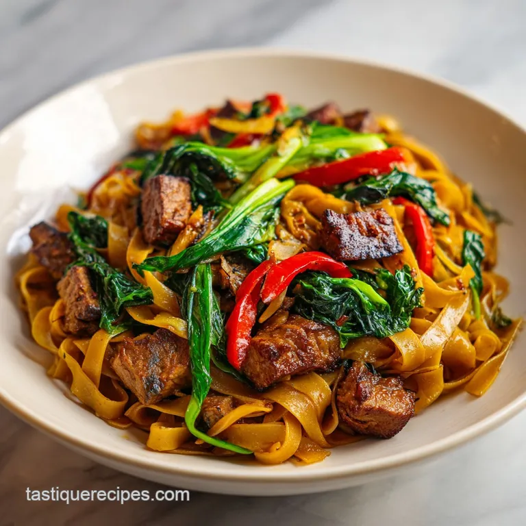 Vegan Pad See Ew elegantly plated; steam rising from noodles, chopped peanuts, vibrant cilantro garnish. Ready to eat!