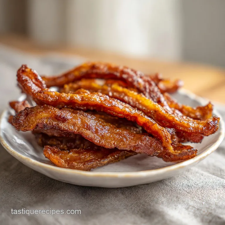 Four vegan bacon strips arranged artfully on a white plate, beside a vibrant green salad with a light vinaigrette dressing.