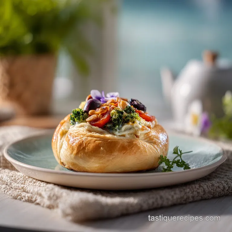 A single, warm kolache on a white plate; dusted with powdered sugar, filled with bright red jam. Soft, pillowy dough visible.