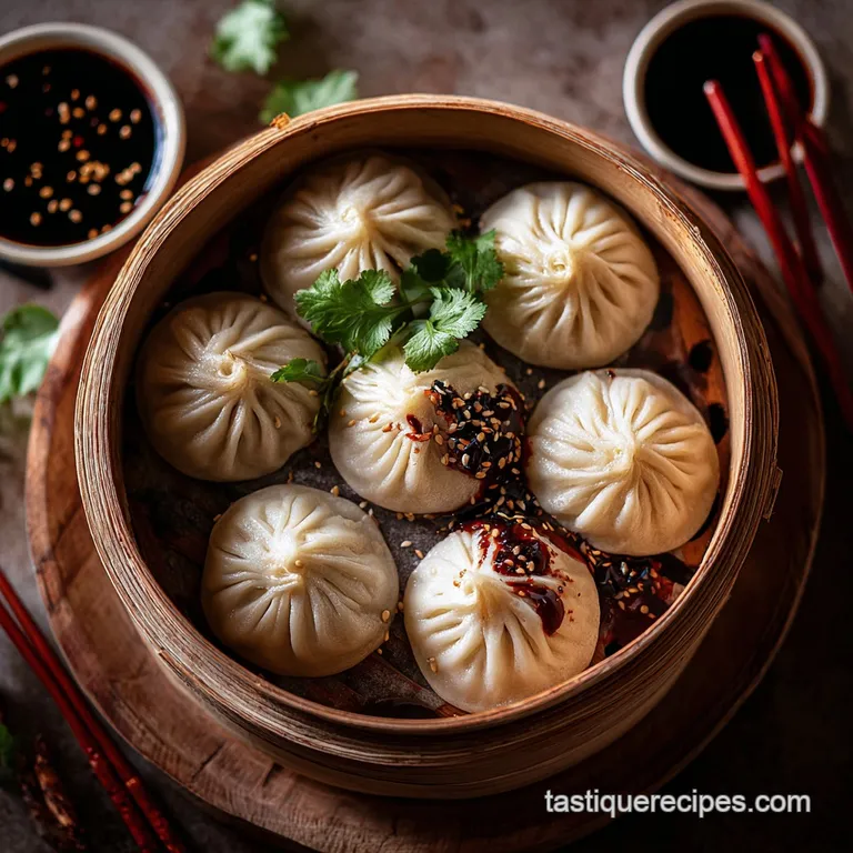 Steaming vegetarian soup dumpling served in a porcelain spoon, showcasing the translucent wrapper and rich, savory broth w...