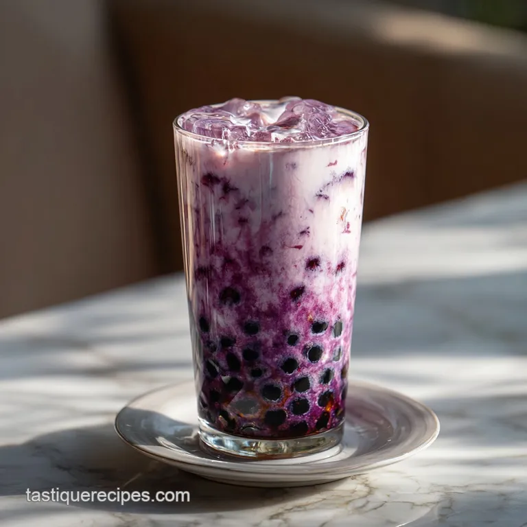 Elegant glass of purple taro milk tea with tapioca pearls, adorned with a straw & a dusting of taro powder on a sleek surf...