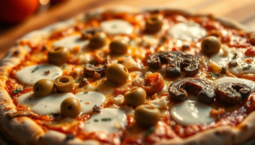 gourmet pizza quattro formaggi green olives and mushrooms